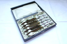 5 SCHÖNE ALTE OBSTMESSER MIT PORZELLANGRIFFEN IM ORIGINAL KASTEN #10503