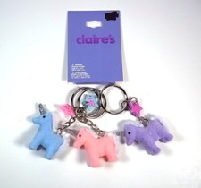 Claire's set of 3 flocked unicorns 3D keyring or bag clip NEW