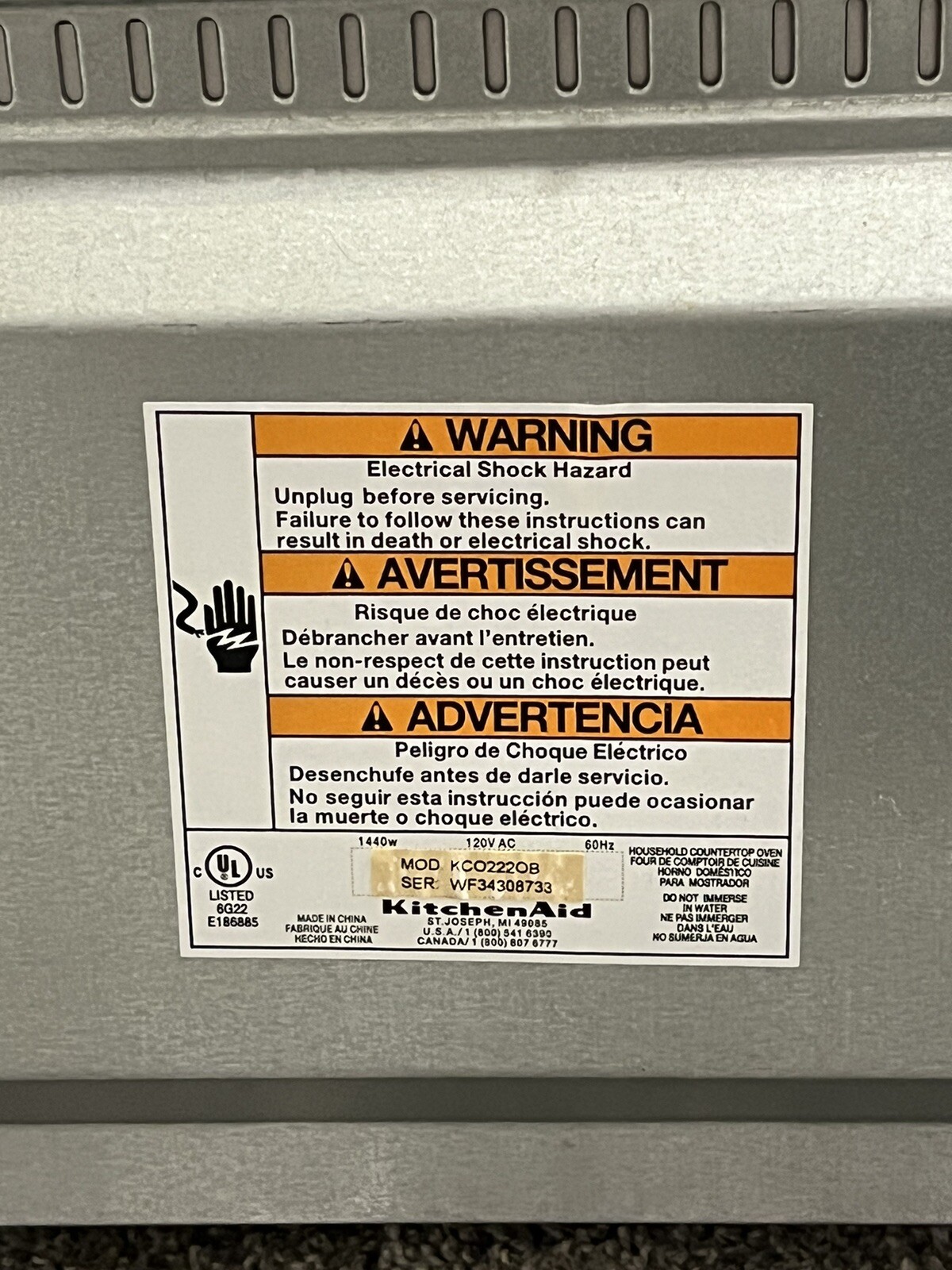 Kitchen Aid Toaster Oven Model KCO222OB 12" Silver TESTED AND WORKING