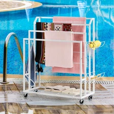 Freestanding Towel Rack with Wheels White Blanket Ladder Holder with Shelf & ...