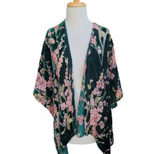 Woven Heart Green Velvet Burnout Floral Boho Kimono One Size Artsy Goth