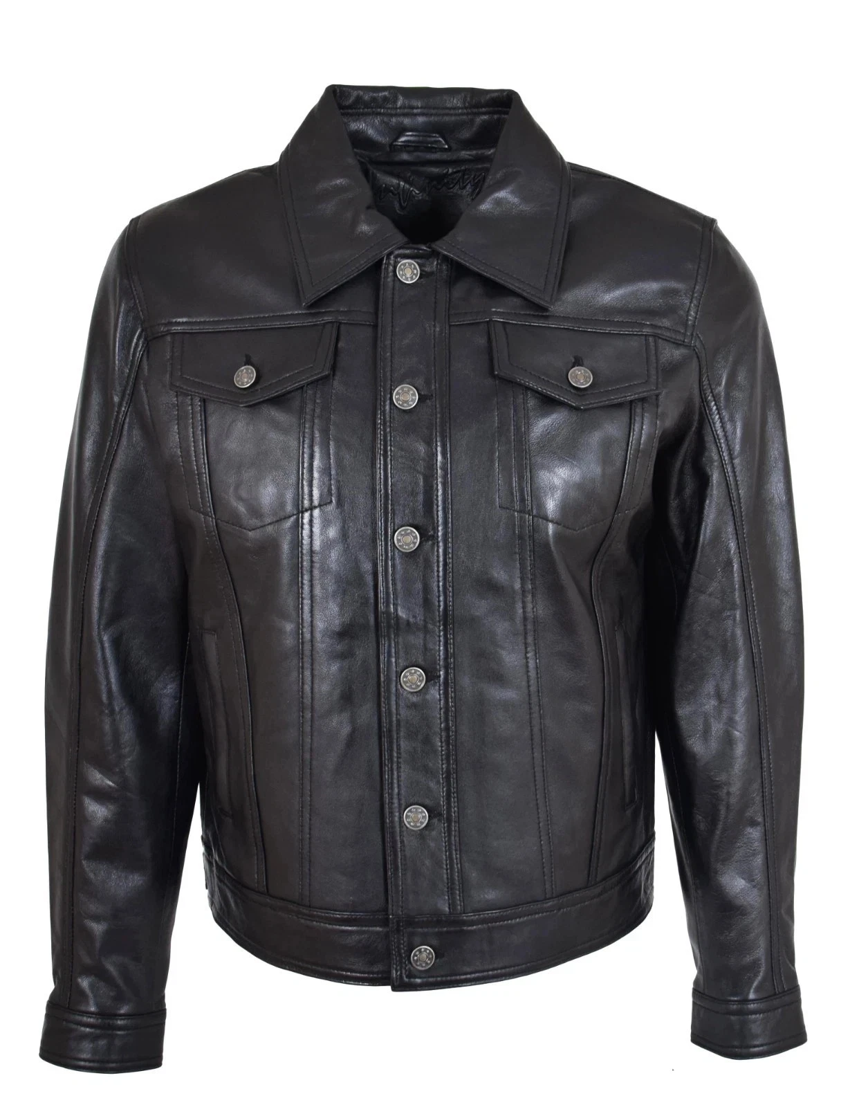 Men's Black Leather Trucker Jacket American Western Style Denim Coat Jacket
