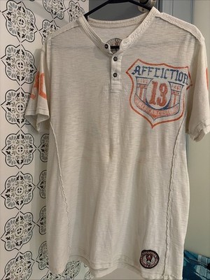 Affliction American Custom Graphic Print Men's Medium Henley White T-Shirt Y2K