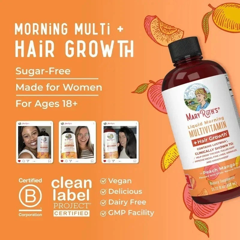 🍑 MaryRuth's Peach Mango Liquid Multivitamin | Hair, Skin & Nails | 15.22 fl oz - Image 4 of 4