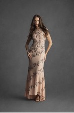 Mac Duggal Nude Silver Floral Beaded Sequin Column Gown Size 8 New