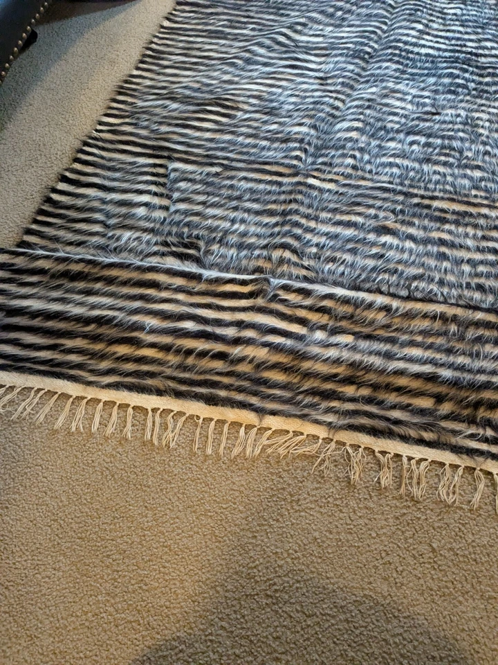 Turkish Real Fur Vintage Striped Rug, Throw Blanket .6x4 Ft  - Image 2 of 4