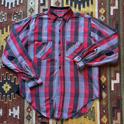 Vintage 1950s The Big Y Woven Cotton Plaid Flannel Shirt Sz L - Repaired