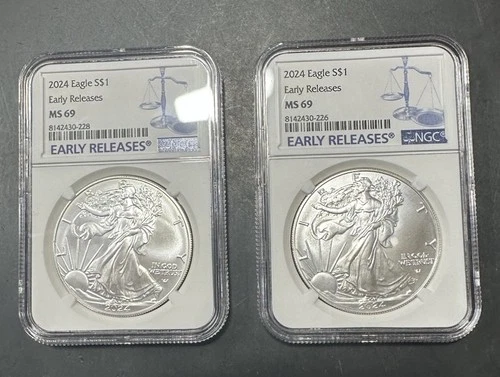 Lot of (2) 2024 $1 U.S. One Oz. Silver Eagle Coins Early Releases NGC MS69 L#C33
