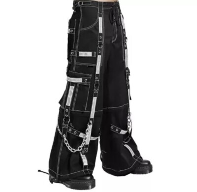Men Black Tripp Pant Punk Rock Gothic Style Trouser with White Straps 100%cotton
