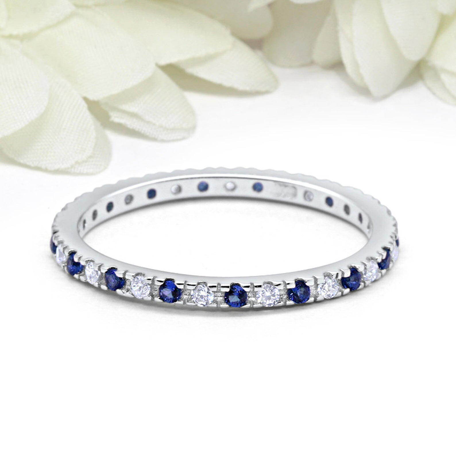 Natural Sapphire Diamond Eternity Band in 925 Sterling Silver Stacking Ring  
