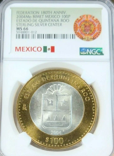 2004 MEXICO SILVER 100 PESOS ESTADO DE QUINTANA ROO NGC MS 66 RARE TOP POP 1