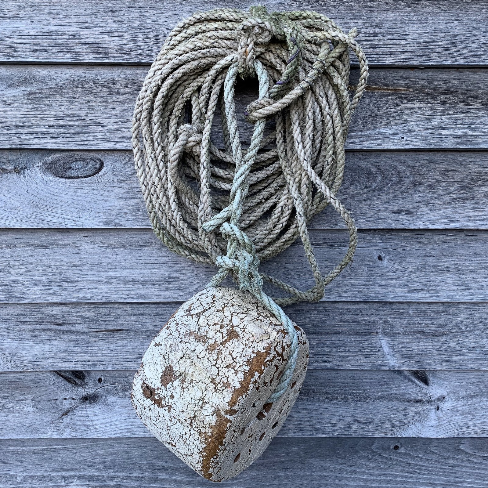 Old Weathered Retired Maine Lobster Boat Trap BUOY + ROPE Nautical