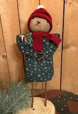 Primitive Snowman Figure winter Christmas doll decor, candy cane, evergreen, hat