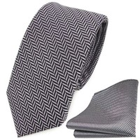 Schmale Tigertie Krawatte + Einstecktuch In Silber Grau-Schwarz Gestreift