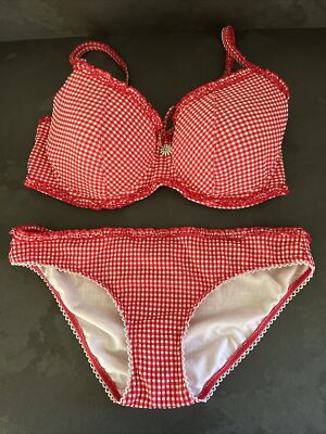 Damen rot & weiß kariert Frost Französisch Floozie Bikini Größe 10 Unterteil 36E Oberteil