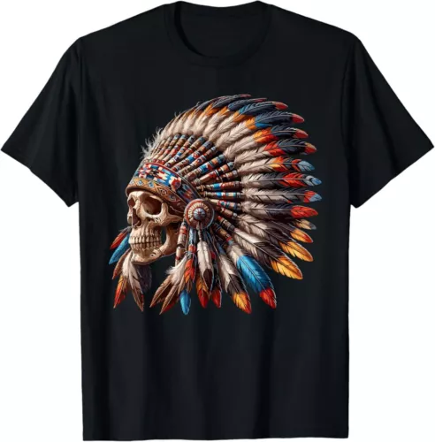 Native American Indian Chief Skull Motorcycle Headdress T-Shirt, Unisex Tee