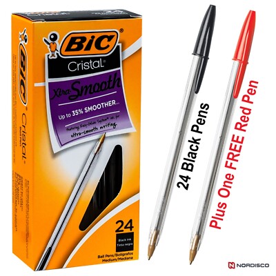 BIC Cristal 1.0mm MS24 19715 Xtra-Smooth, 24 Black Pens Plus 1 FREE Red Pen