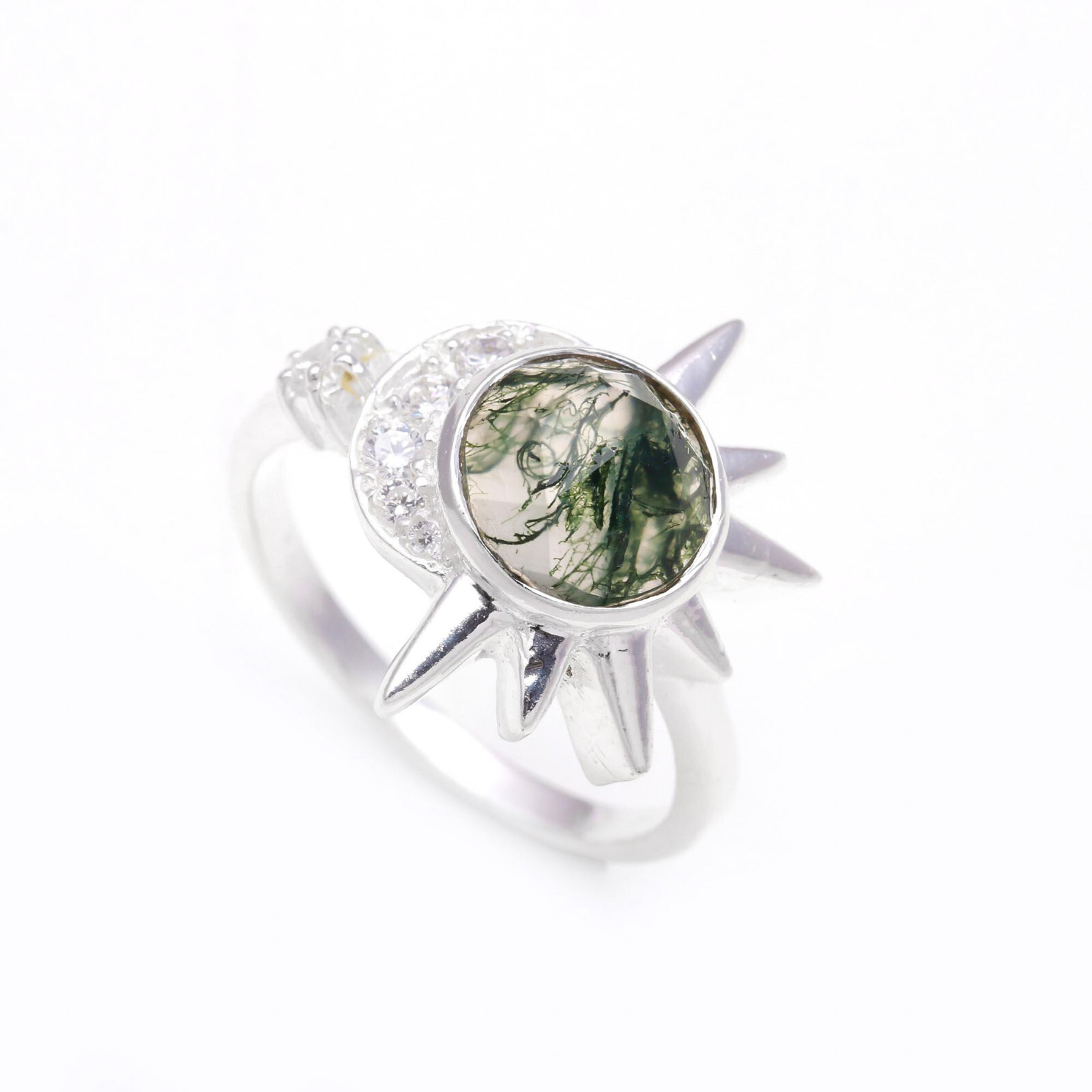 Natural Moss Agate Engagement Ring in 925 Sterling Silver - Custom Sizes Available