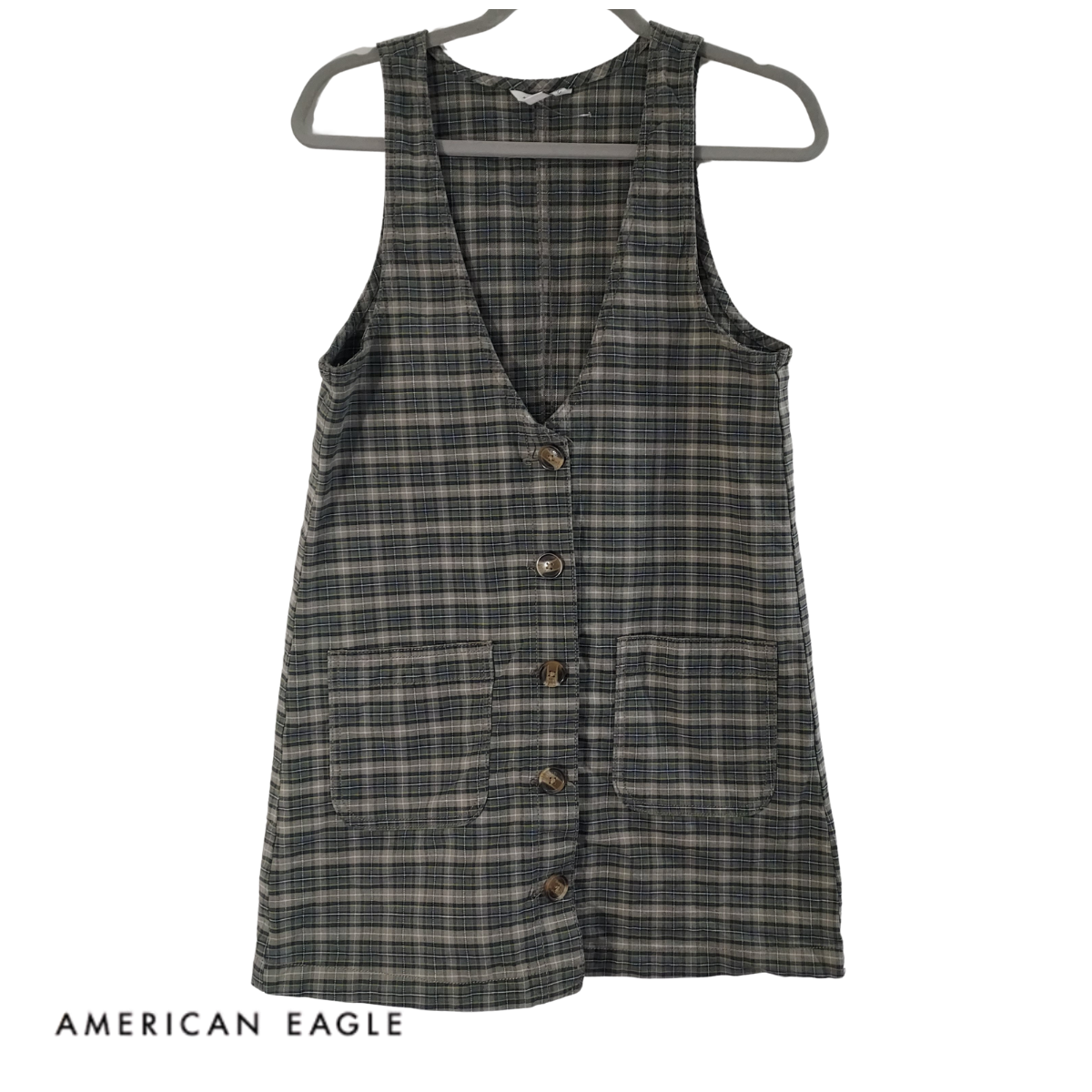 American Eagle Dress Women's Size S Green Plaid Button Front Mini V Neck