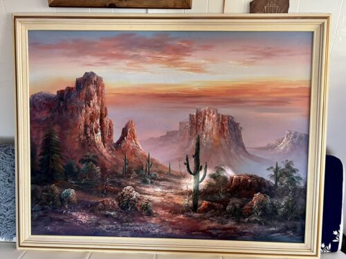 B DUGGAN SIGNED OIL PAINTING SOUTHWESTERN DESERT CACTUS SUNSET LANDSCAPE 54”x42” - Picture 3 of 9