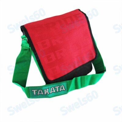 GRADATION CROSSBODY SHOULDER BRIDE RACING Red BAG W/ TAKATA GREEN HARNESS STRAP