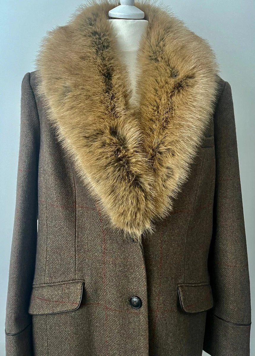 Joules Womens Langley Long Tweed Coat. Fur Trim In Greentweed Brown UK 18 .  BNWT | eBay