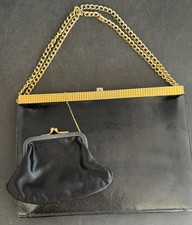 Vintage Koret Black Calfskin Hand Bag Purse with Coin Purse Chain Handle