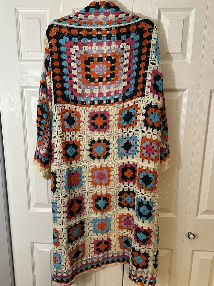 POL Crochet Knit Cardigan Long w/Fringe Boho Square Open Duster Granny core NWOT - Image 4 of 4