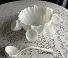 Vtg Hazel Atlas Milk Glass Alpine White Swirl Punch Bowl 12 Cups W Vtg Ladle