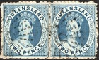 QUEENSLAND QV 1865 2p SC#A1/19/BLUE/WHITE WOVEPAPER/ROUGH PERF/DOTTD OVAL CANCEL — photo 1