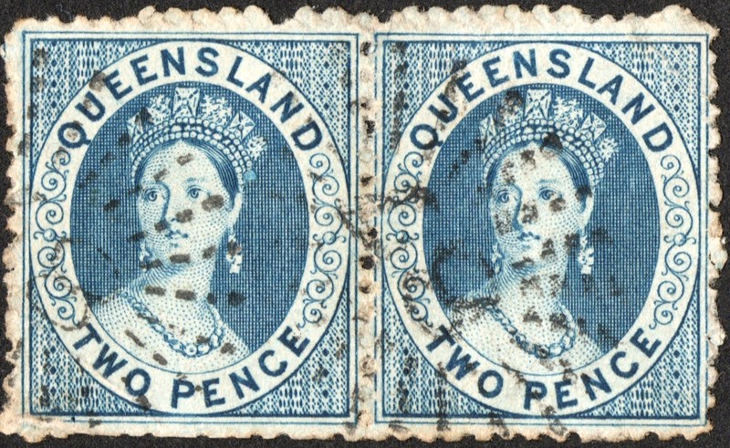 QUEENSLAND QV 1865 2p SC#A1/19/BLUE/WHITE WOVEPAPER/ROUGH PERF/DOTTD OVAL CANCEL