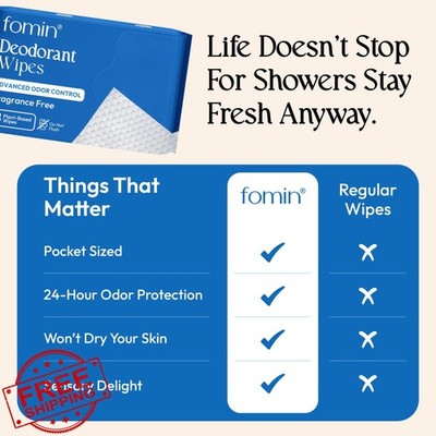 FOMIN Deodorant Mini Wipes 288 Count Fragrance Free Biodegradable