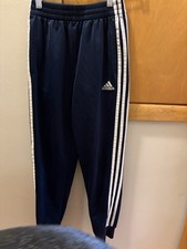 adidas Boys Navy Track Pants White 3-Stripe Logo M (10/12) Pull On