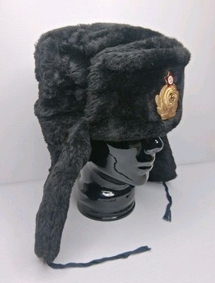 Vintage Cold War Soviet Army Shapka Ushanka Hat Black Size 61 Faux