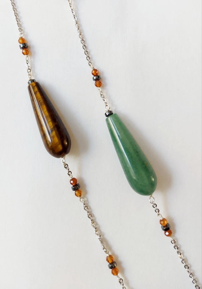 collana in argento 925 e pietre con giada occhio di tigre ed ematite lunga 80 cm - Immagine 4 di 4