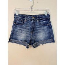 Express Jeans Ultimate Stretch Shortie High Rise Blue Denim Cut Off Shorts 2