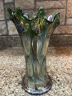 Vintage Fenton Carnival Glass Vase Iridescent Green Thumbprint 9 Point