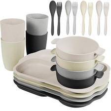 Kids Toddlers Plates and Bowls Sets, 20 PCS Wheat Straw Dinnerware Cutlery Se...