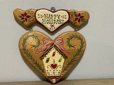 Vintage 1995 Happy Holidays Wood Heart Wall Hanging Hand Painted Cottage Core 