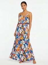 Moa Moa Tropical Floral Maxi Dress Size M Popover Ruffle Keyhole Back Boho