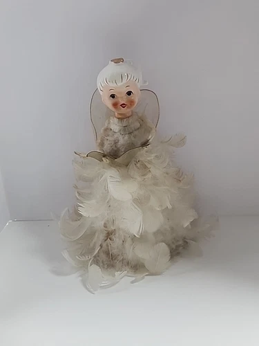 VTG  Porcelain /Tulle/White Feather Angel Christmas Figure Japan Tabletop Decor