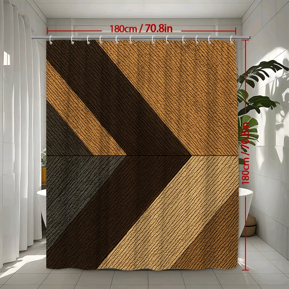 Elegante cortina de ducha Chevron marrón y beige para baños modernos Foto 3 de 4