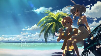 Anime dj max beach dappled sunlight girls palm trees Playmat Game Mat Desk