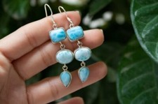 Beautiful Larimar Gemstone Solid 925 Sterling Silver Handmade Women Earring M57