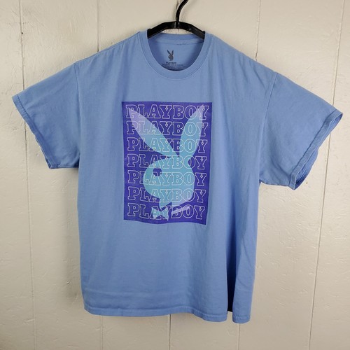 Playboy Shirt Men Extra Large Blue Crew Neck Short Sleeve Graphic Stretch Casual