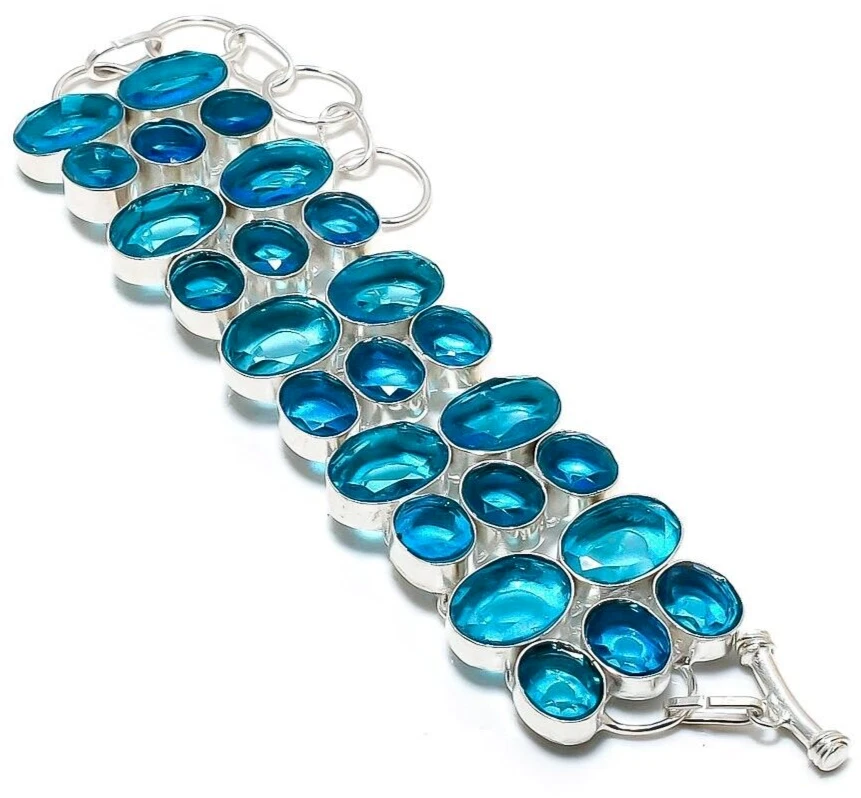 VALENTINO Bracciale gioielli fatti a mano argento sterling 925 pietra preziosa topazio blu svizzero 7 8"