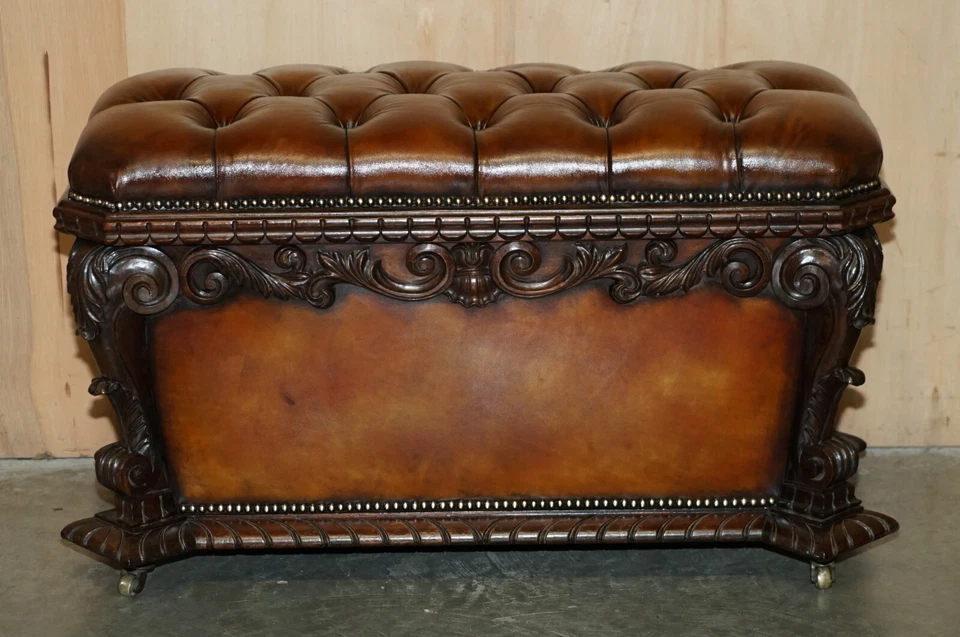 IMPORTANTE TABURETE OTOMANO CHESTERFIELD CUERO PALISANDRO 1830 ANTIGUO RESTAURADO Foto 4 de 4