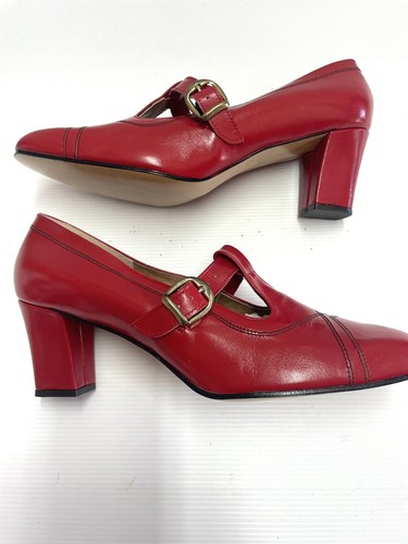 Thomas Dixon Bedggood Block Heel Top Strap Leather Shoes Vintage 9.5 Red New. - Picture 7 of 10