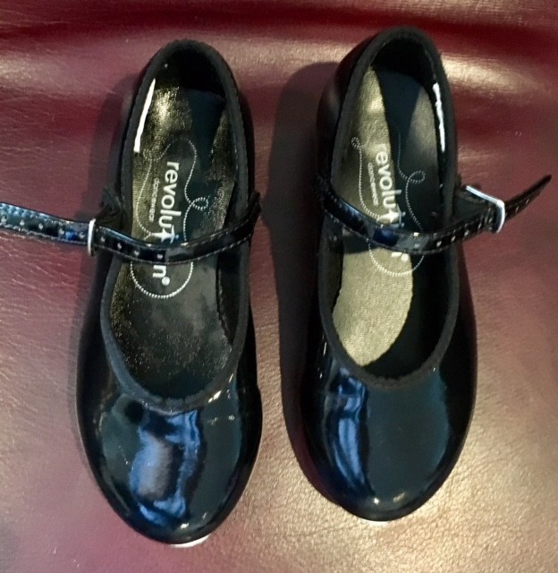 Revolution black Mary Jane tap shoes with single buckle strap, little