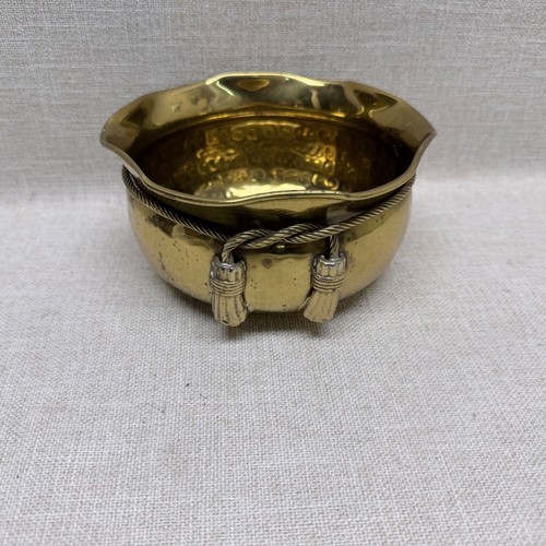 Vintage Hammered Brass Planter Bowl Scalloped Rim Rope Tassel Made in India